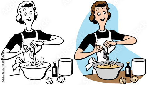 A cartoon of a woman beating eggs while baking in her kitchen. 