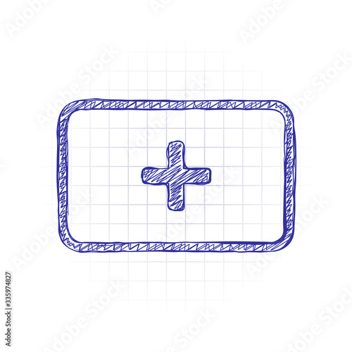 First aid box. simple icon. Hand drawn sketched picture with scribble fill. Blue ink. Doodle on white background