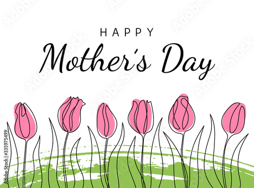 Happy Mother's Day lettering poster with one line spring tulip flowers. Continuous line drawing.