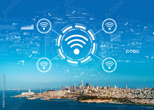 Wifi theme with aerial view of the bay in San Francisco