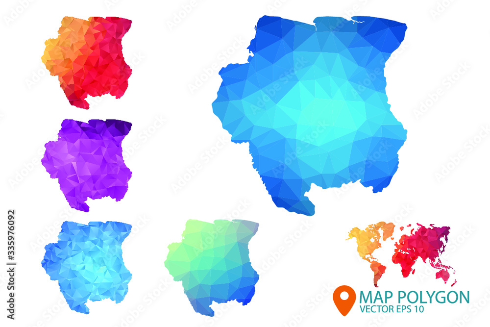 Suriname Map - Set of geometric rumpled triangular low poly style gradient graphic background , Map world polygonal design for your . Vector illustration eps 10. Suriname Map - Set of geometric rumpled triangular low poly style gradient graphic background , Map world polygonal design for your . Vector illustration eps 10.