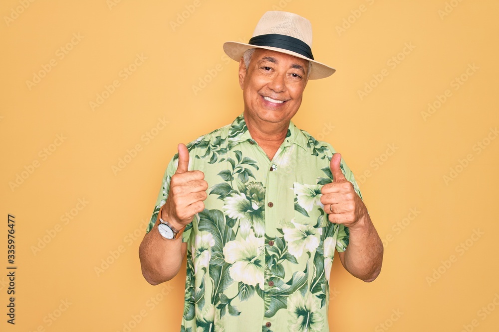 Middle age senior grey-haired man wearing summer hat and floral shirt on beach vacation success sign doing positive gesture with hand, thumbs up smiling and happy. Cheerful expression and winner Middle age senior grey-haired man wearing summer hat and floral shirt on beach vacation success sign doing positive gesture with hand, thumbs up smiling and happy. Cheerful expression and winner