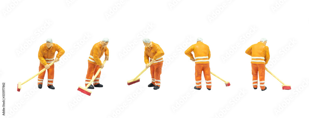Miniature people as street cleaning worker posing in posture isolated on white background. Miniature people as street cleaning worker posing in posture isolated on white background.