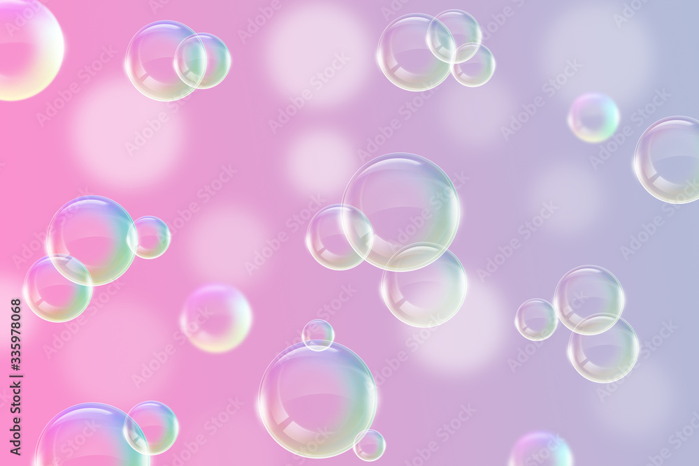 Abstract image of Realistic water bubbles in transparent gradient pastel color background,