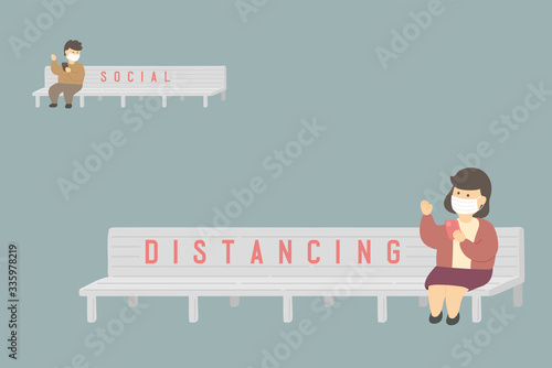 Man and woman with mask chat smartphone on bench chair keep distance to protection covid-19 outbreak, Social distancing concept poster or social banner illustration on green background, copy space