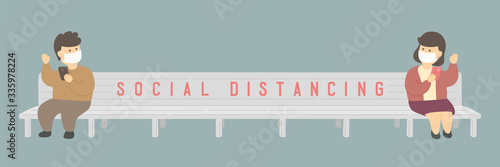 Man and woman with mask chat smartphone on bench chair keep distance to protection covid-19 outbreak, Social distancing concept poster or social banner illustration on green background, copy space