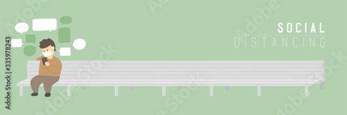 Man with mask chat smartphone on bench chair keep distance to protection covid-19 outbreak, Social distancing concept poster or social banner illustration on green background, copy space, vector