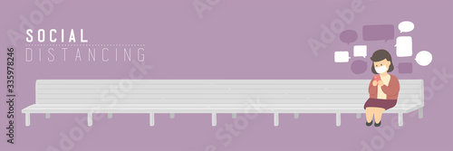 Woman with mask chat smartphone on bench chair keep distance to protection covid-19 outbreak, Social distancing concept poster or social banner illustration on violet background, copy space, vector