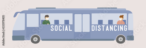 Man and woman with mask in bus keep distance to protection covid-19 outbreak, Social distancing concept poster or social banner design illustration on background with copy space, vector eps 10