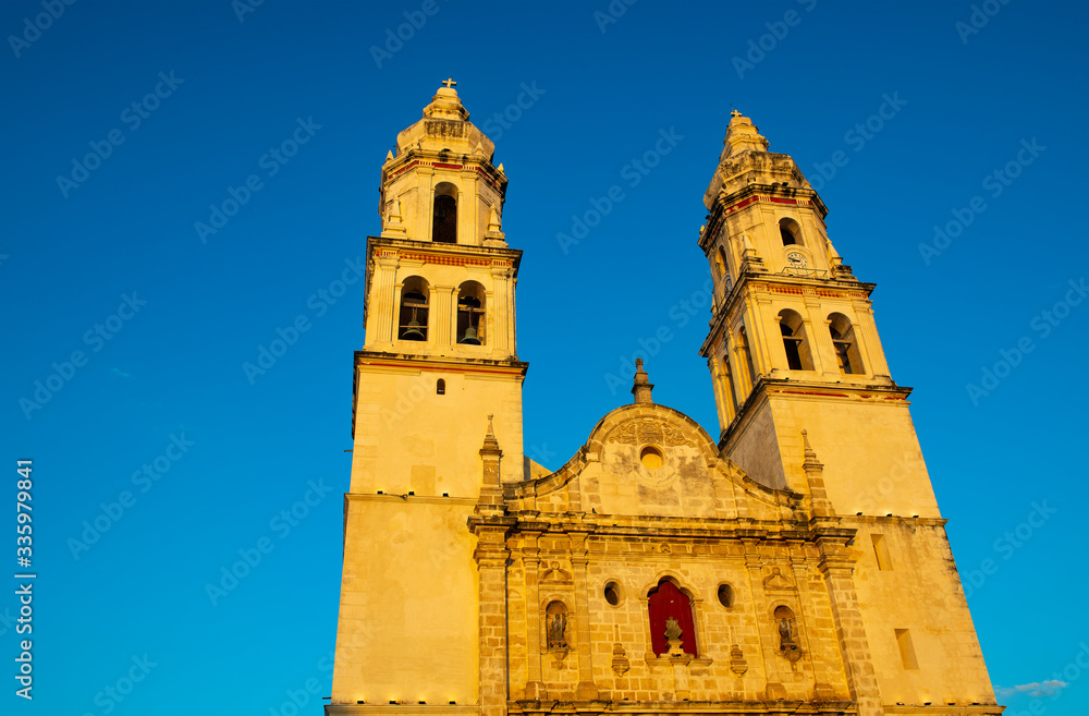 Facade of the Our Lady of the Immaculate Conception Cathedral, also known as the Cienfuegos Cathedral, at sunset, Campeche City, Yucatan Peninsula, Mexico.