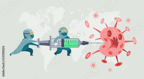 People in protective suit are using the syringe to virus  cleaning and disinfect Covid-19  cartoon style