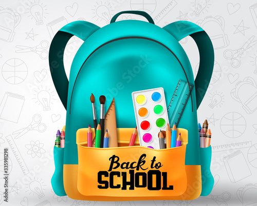 Back to school vector concept design. Back to school text in school bag element and education items like color pencil, crayons, water color and ruler in patterned background. Vector illustration.
