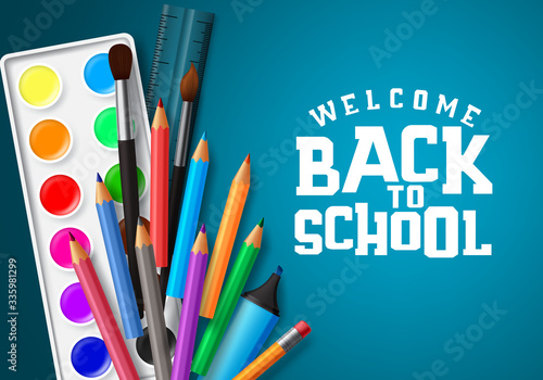 Welcome back to school vector banner design. Welcome back to school text in blue space background with education elements and school items like water color, color pen, brush and ruler.