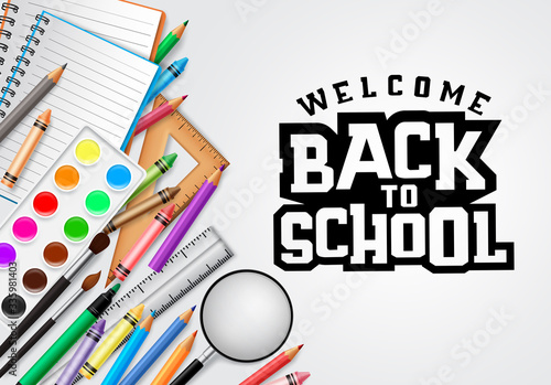 Back to school vector concept banner design. Welcome back to school greeting text in white background with education elements and school items like crayons, water color and notebook.