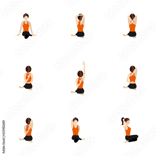 Cow face pose modifications yoga asanas set/ Illustration stylized woman practicing gomukhasana on one knee