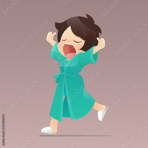 Cartoon girl in a green robe walking and yawning