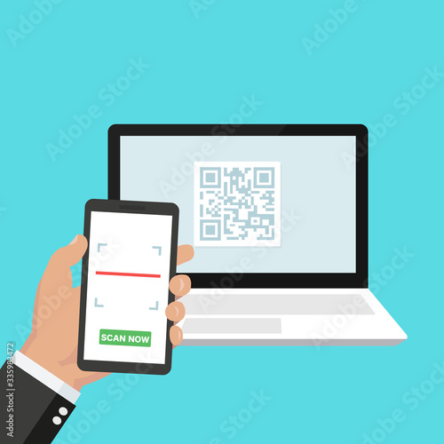 Scan qr code with laptop and smartphone vector illustration design. QR Code scanning concept. 
