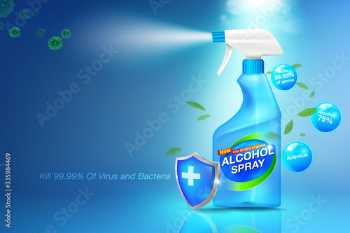 Spray sanitizer Anti-Virus and Anti-Bacterial
Poster concept on health and disease prevention Antiseptic to prevent colds, Covid-19 virus and germs
The alcohol spray is packed in a clear blue bottle.