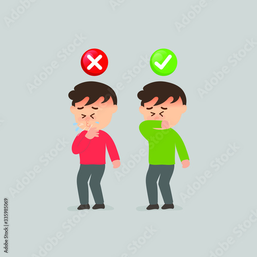 Man use elbow cover mouth before sneeze and don't do.green and red color bubble like do and don't. Healthy way to safe from virus infections.