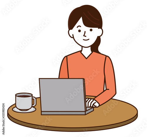 リモートワーク　女性　カフェ　シンプル　イラスト