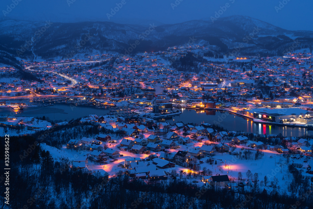 Beautiful landscape of Harstad city at night in winter season, Norway, Scandinavia