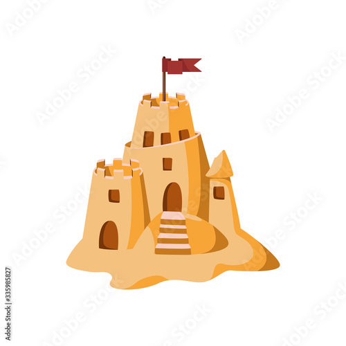 Sand castle with towers and flag. Vector Illustration in cartoon style isolated on white background.