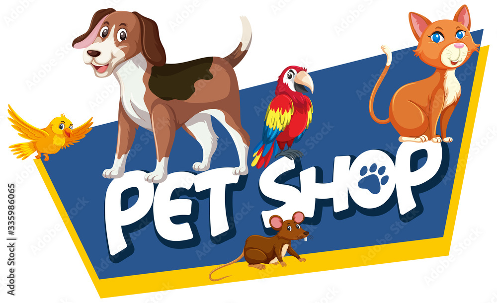 Font design template for word pet shop with many animals