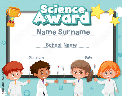 Certificate template for science award with kid in the lab background