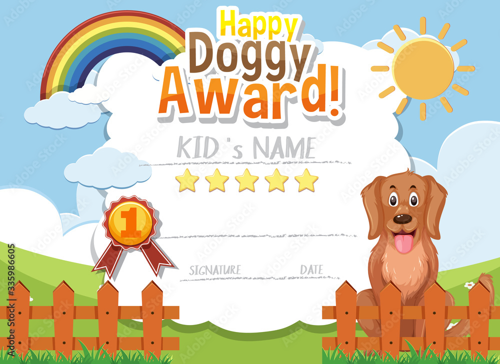 Certificate template design for happy doggy award with cute dog in the ...