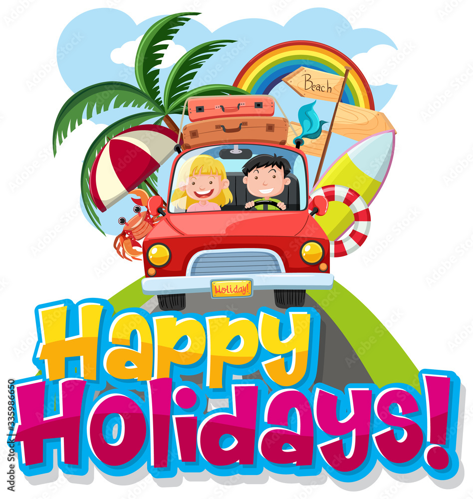 Fototapeta premium Font design template for word happy holidays with people on the road