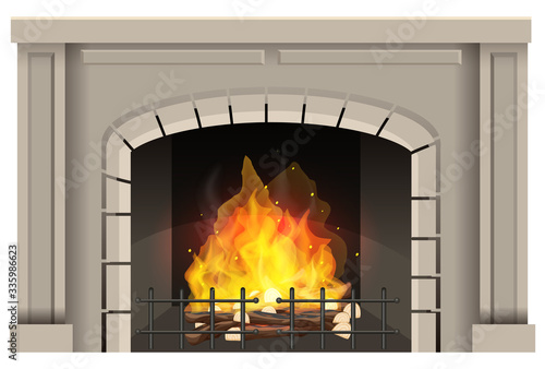 Fireplace with hot fire inside on white background