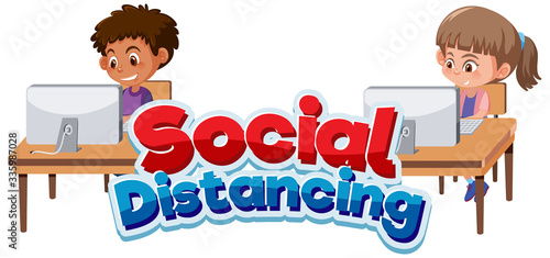 Font design for word social distancing with kids working apart