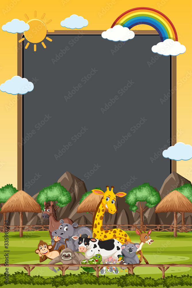 Fototapeta premium Border template design with many wild animals in background