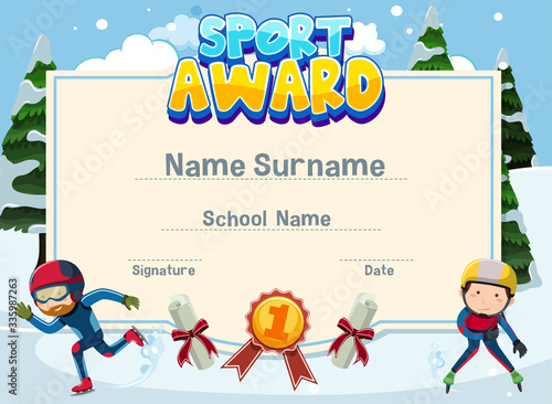 Certificate template design for sport award with two athletes iceskating in background