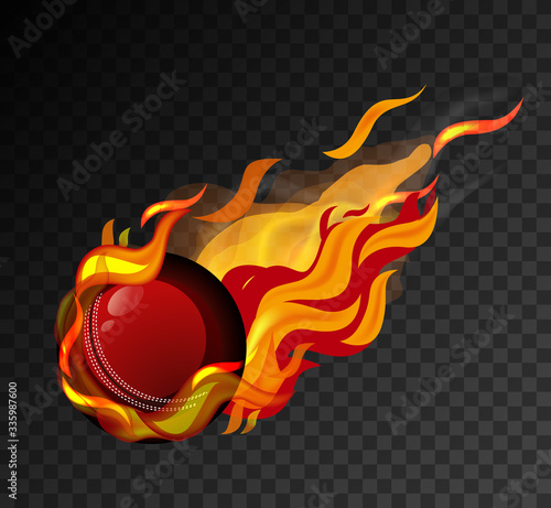 Cricket ball with big flame shooting on black background