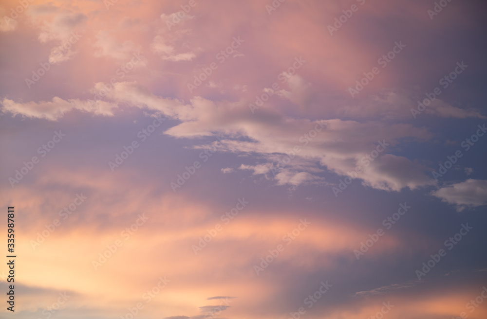 Purple sky at sunset, stratocumulus clouds. Abstract sky
