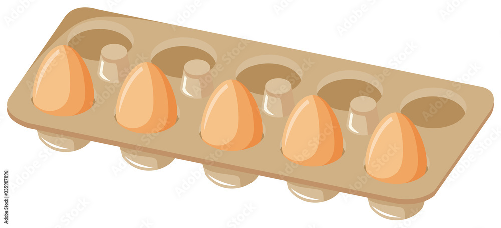 Tray with five eggs on white background