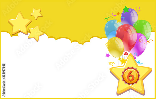 Background template design with number six on stars and many balloons