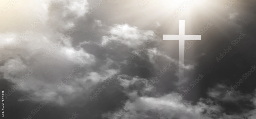 The Christian cross looks bright in the sky, white, black, gray, with soft white clouds and beautiful light shining, leading to peace and heaven The Christian cross looks bright in the sky, white, black, gray, with soft white clouds and beautiful light shining, leading to peace and heaven