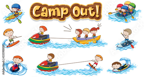 Font design for word camp out with kids doing water sports