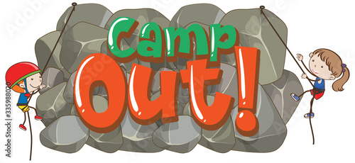 Font design for word camp out with two kids climbing rock