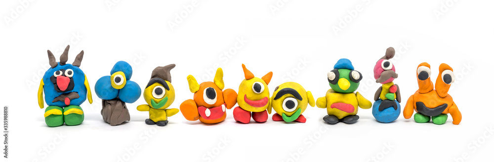 Fototapeta premium Play dough group monsters on white background. Handmade clay plasticine