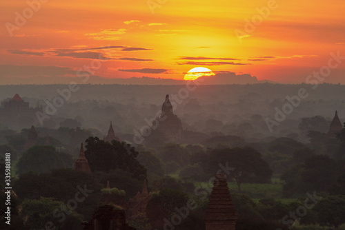 The plain of Bagan on during sunrise  Mandalay Myanmar