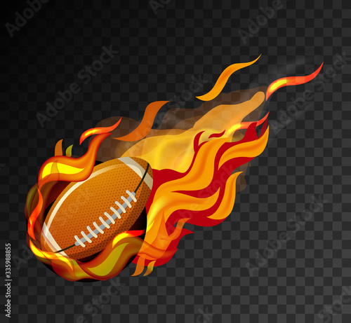 Rugby ball with big flame shooting on black background