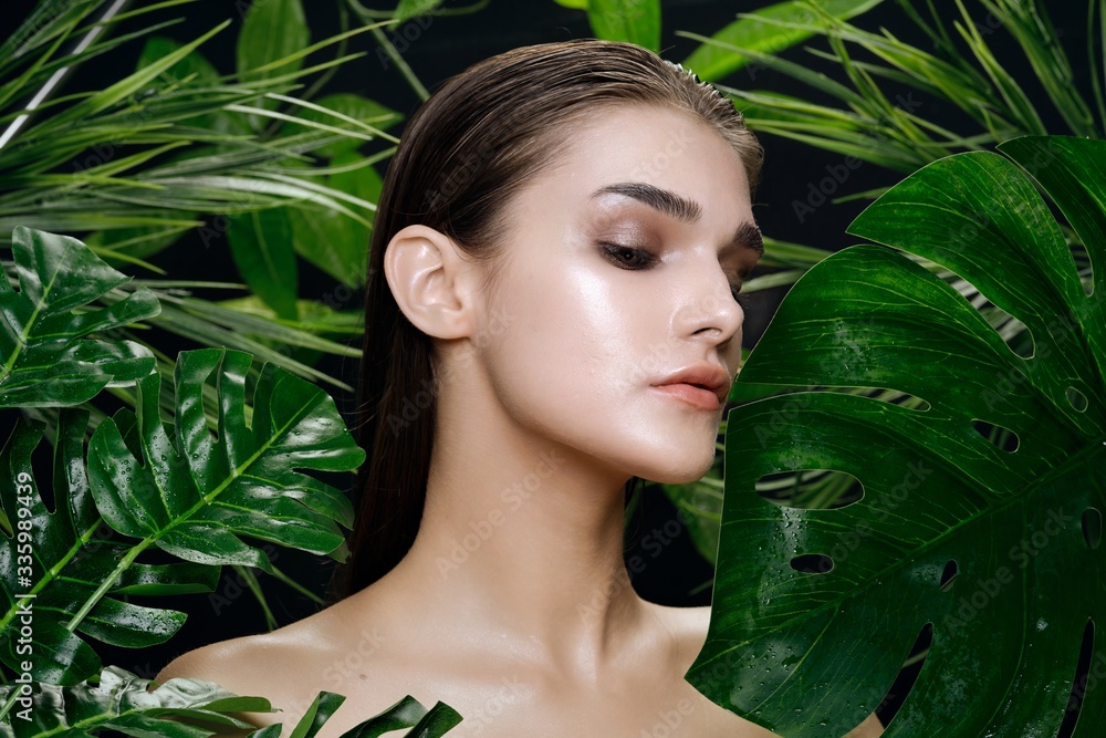 beautiful woman green leaves nature rest beautiful woman green leaves nature rest