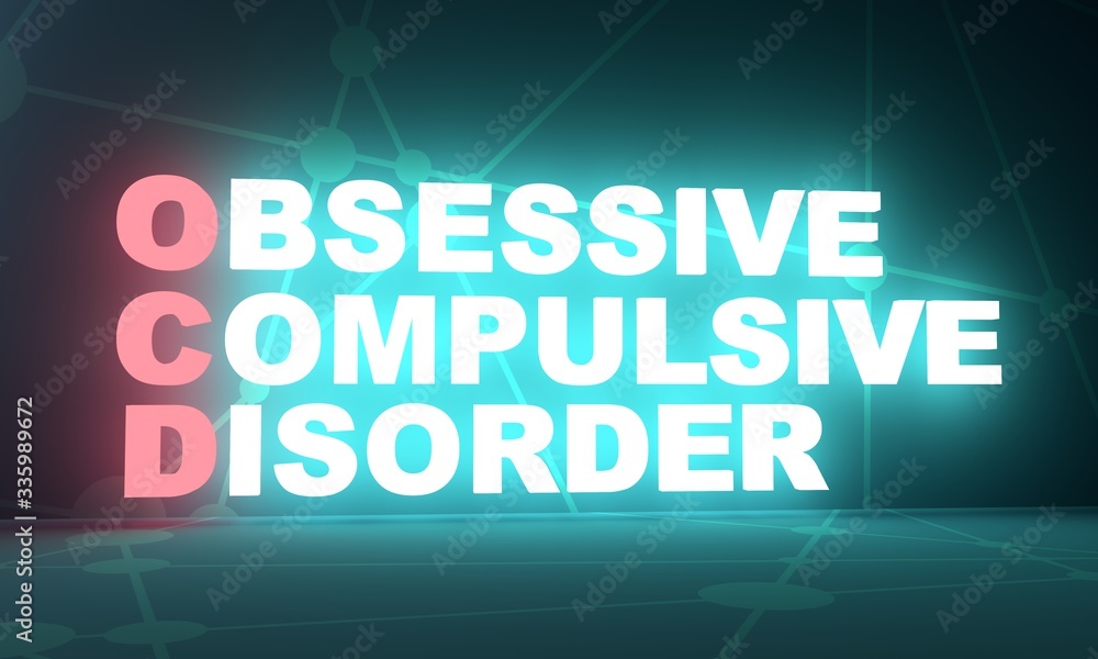 OCD - Obsessive Compulsive Disorder acronym. Health concept background. 3D rendering. Neon bulb illumination