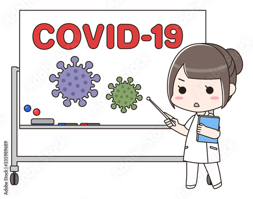 新型コロナウイルスCOVID-19の説明をする女性医療従事者
