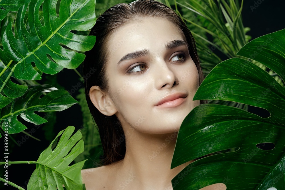 beautiful woman green leaves nature rest