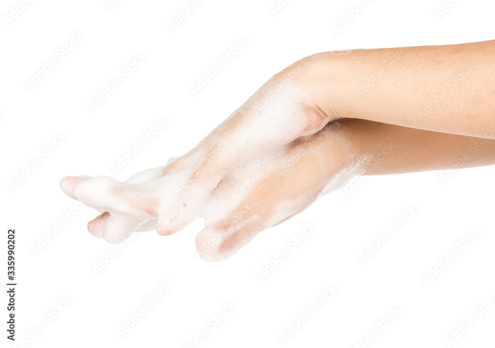 Hand washing soap foam isolated on white background clean kill coronavirus bacteria covid-19 Hand washing soap foam isolated on white background clean kill coronavirus bacteria covid-19