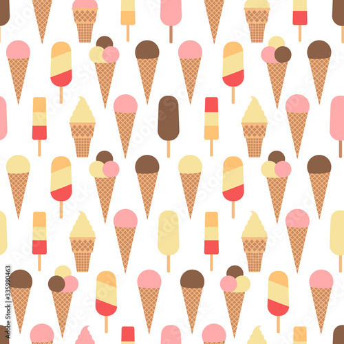 Ice cream variety - vanilla, chocolate, strawberry, collection: cones, popsicle. flat seamless pattern on white, vector
